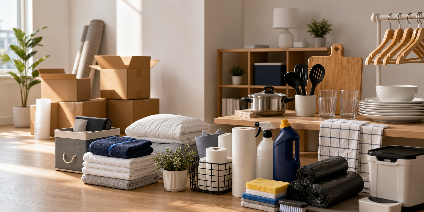 Moving boxes and apartment essentials including kitchen tools, towels, cleaning supplies, storage, and bedding