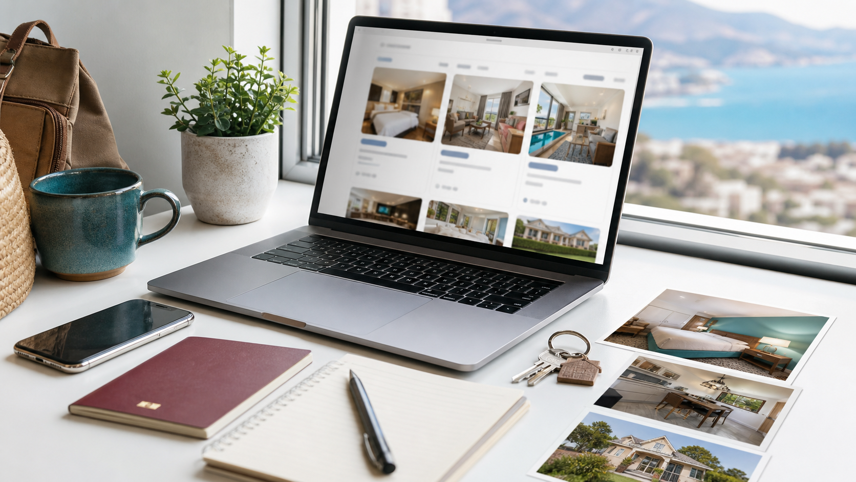 A travel planning desk with a laptop, phone, passport, keys, and accommodation photos