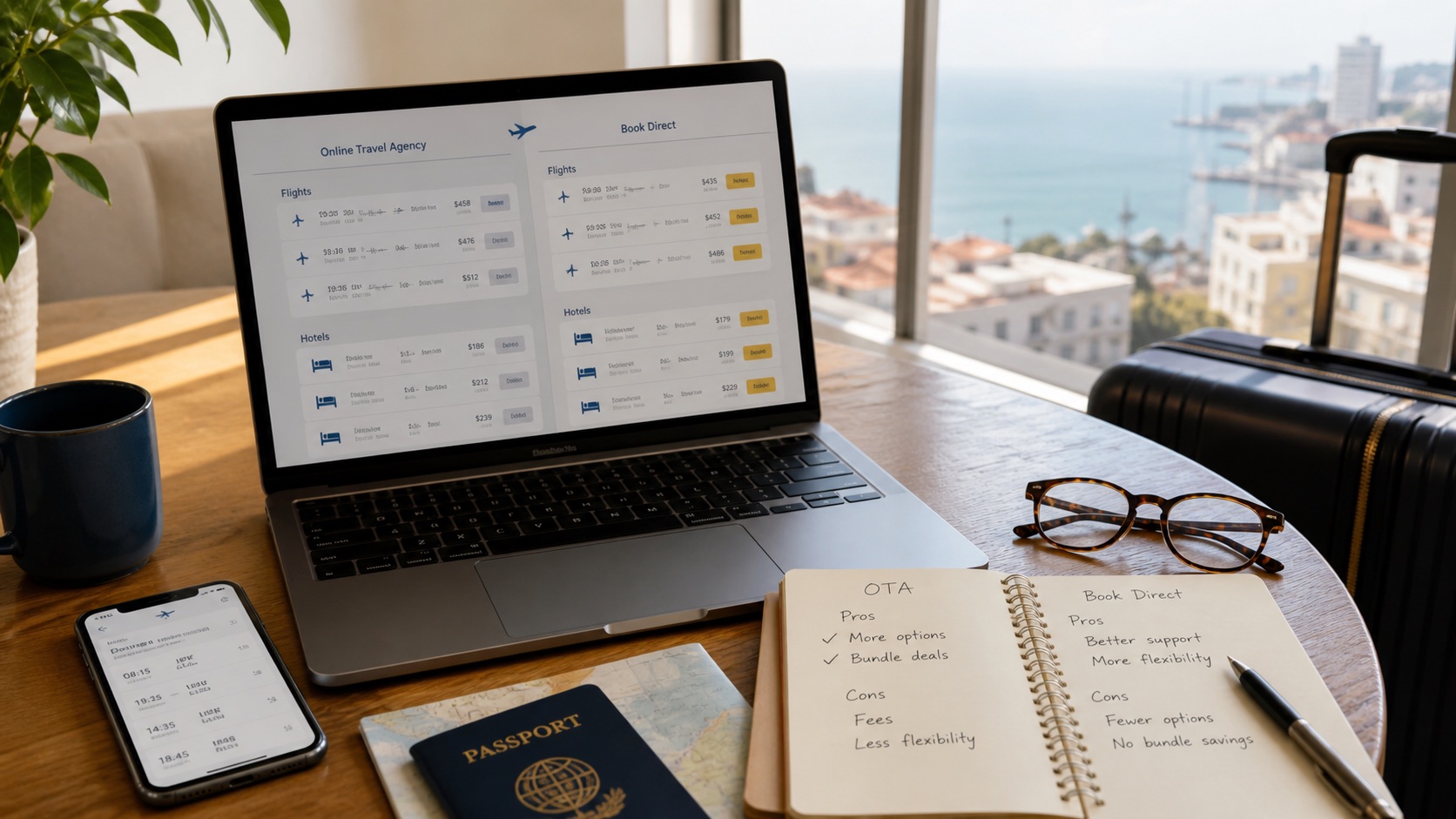Travel planning desk with a laptop, suitcase, passport, and booking comparison notes