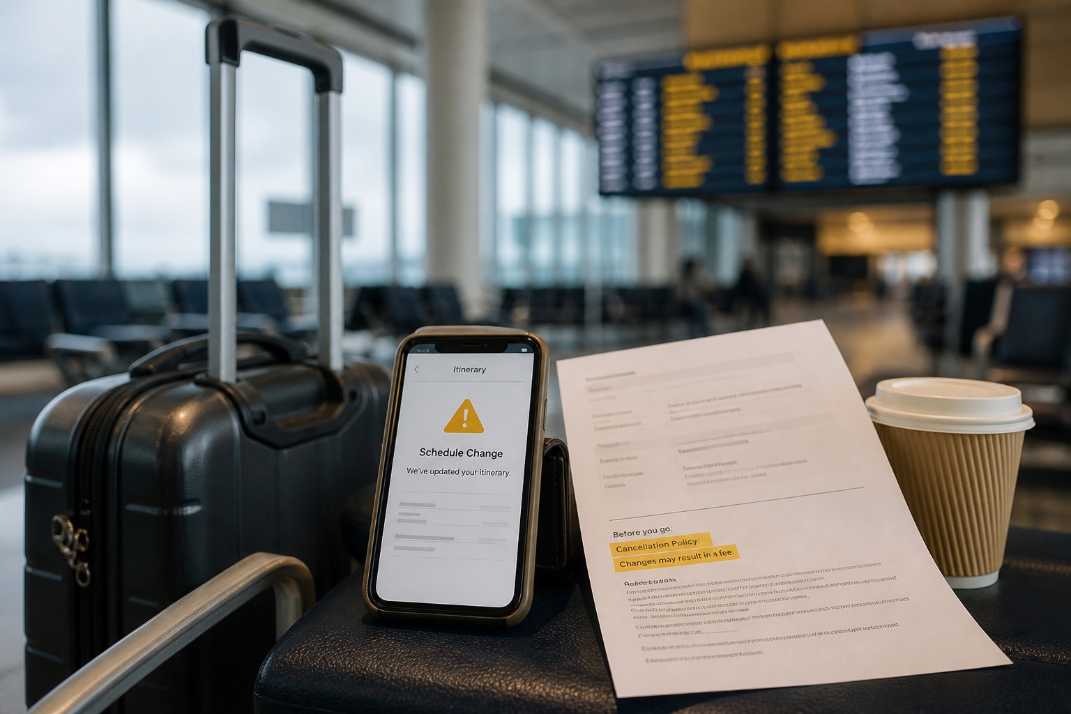 Airport luggage beside a phone with a schedule-change alert and a highlighted cancellation policy