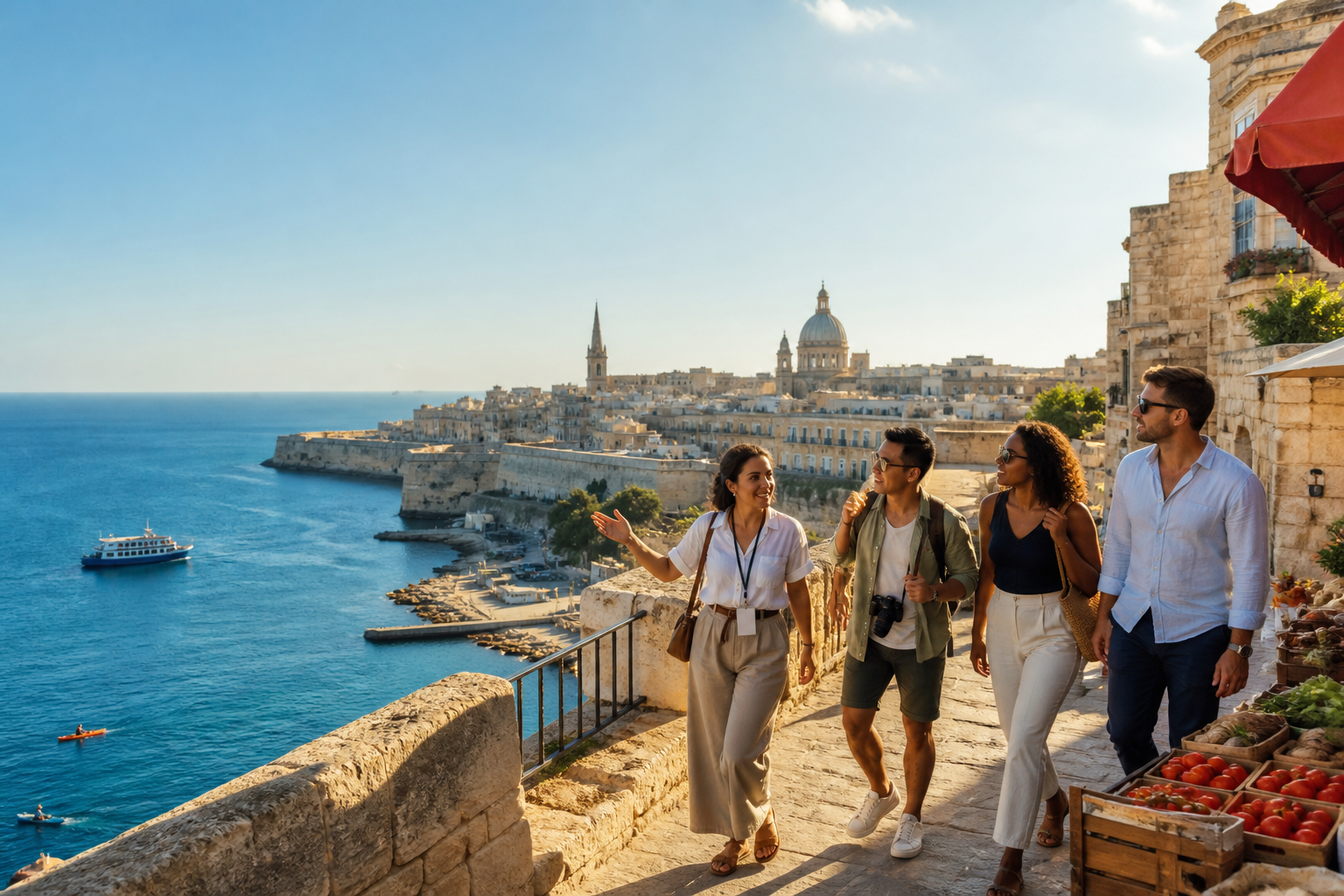 Travelers exploring a sunlit Mediterranean coastal city with a local guide