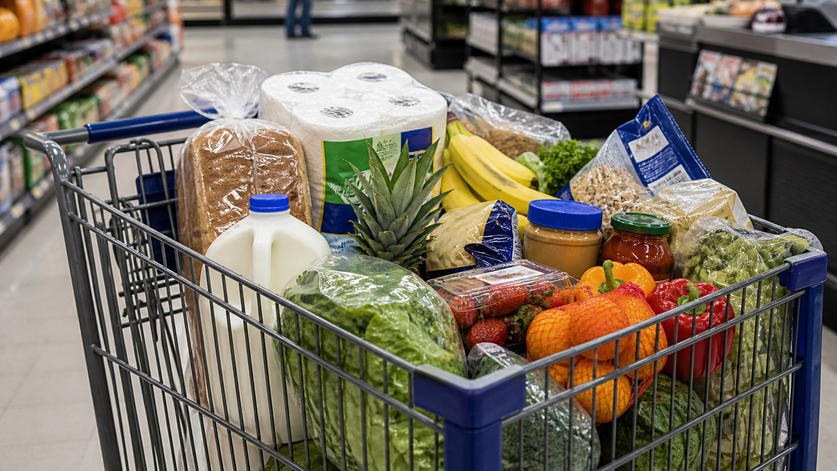 A shopping cart filled with groceries and household goods