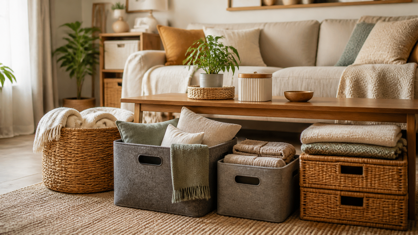 Storage bins and organizers arranged neatly on shelves
