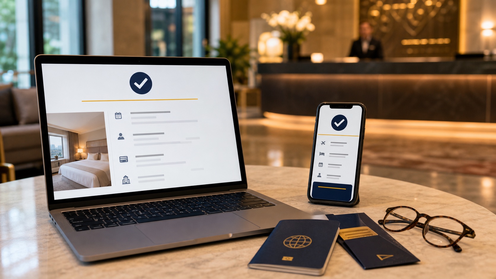 Laptop and phone displaying matching hotel booking confirmations in a hotel lobby