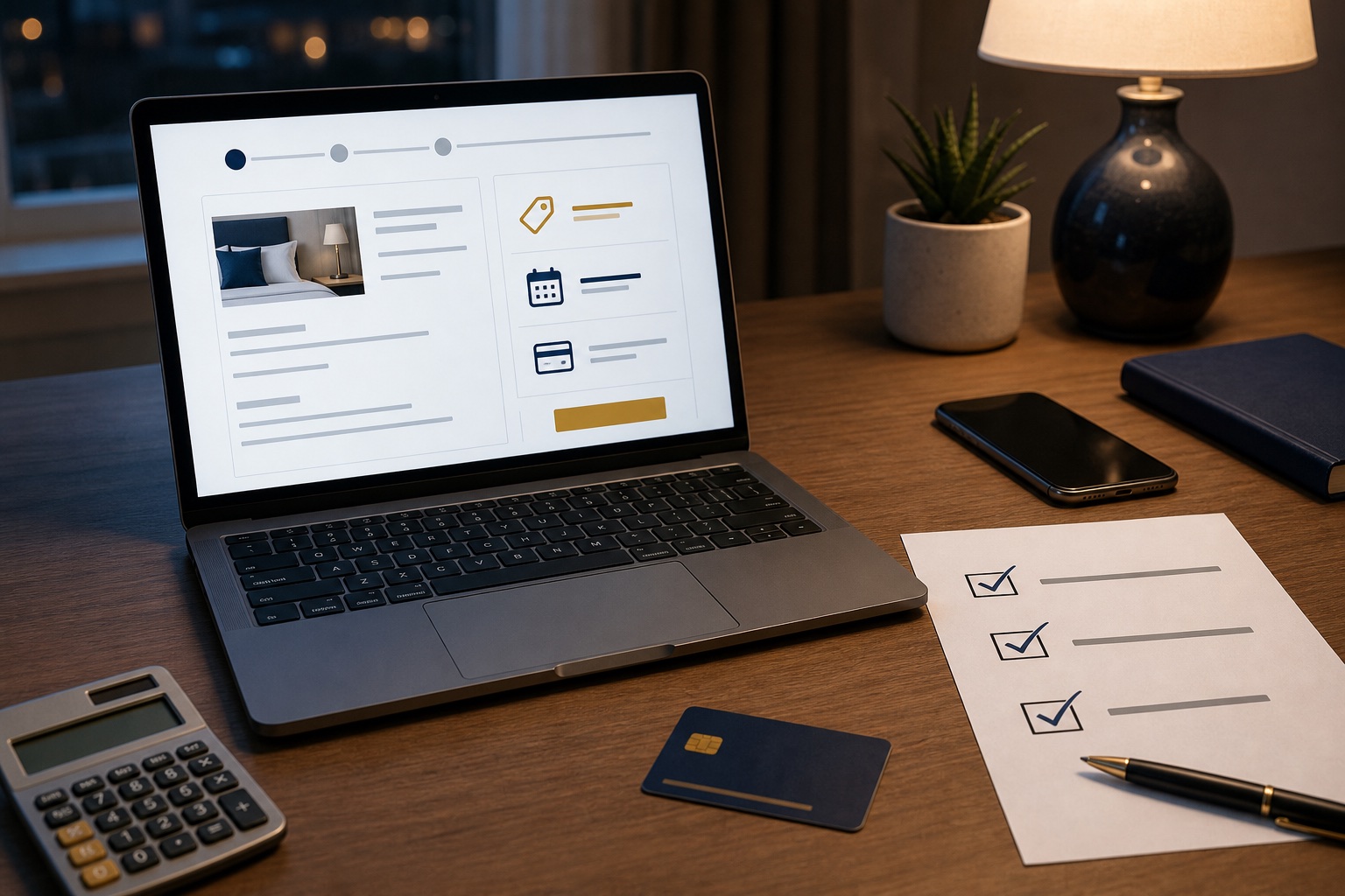 Hotel checkout screen beside a payment card, calculator, and three-item verification checklist