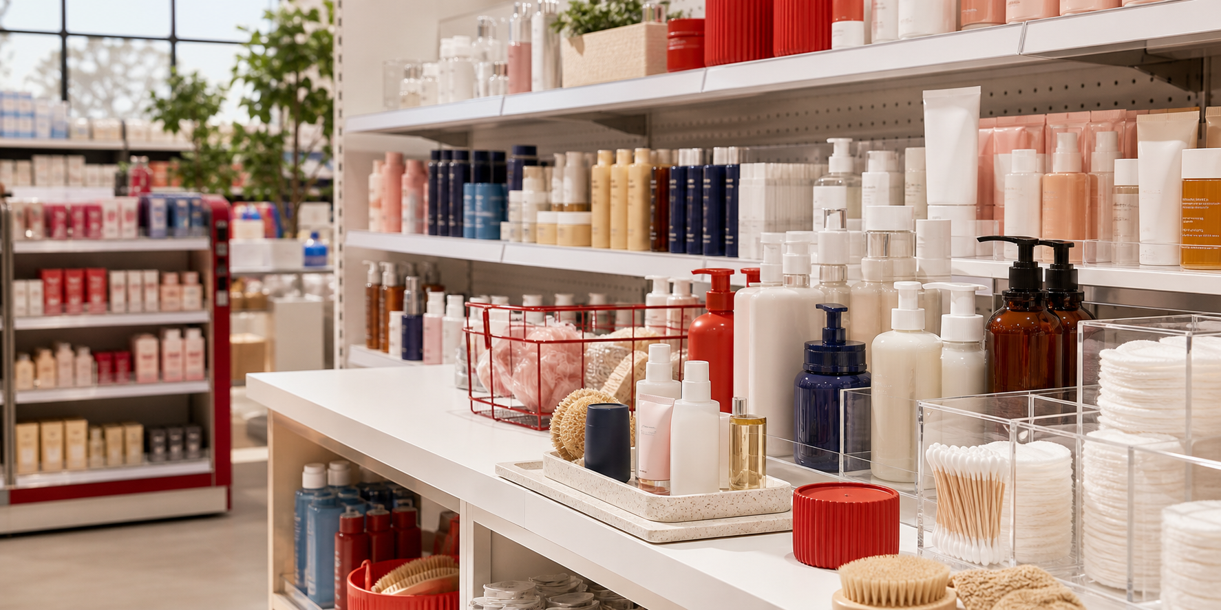 A bright beauty and personal care aisle stocked with skin care, hair care, and daily basics