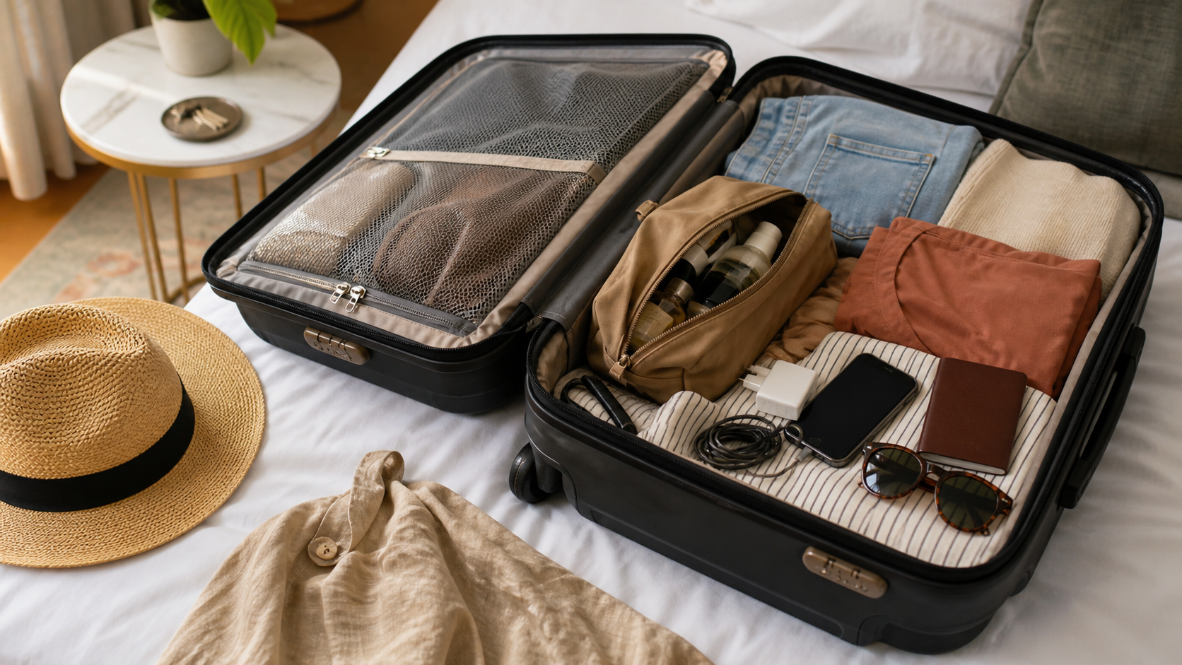 Travel items and a packed bag laid out before a trip